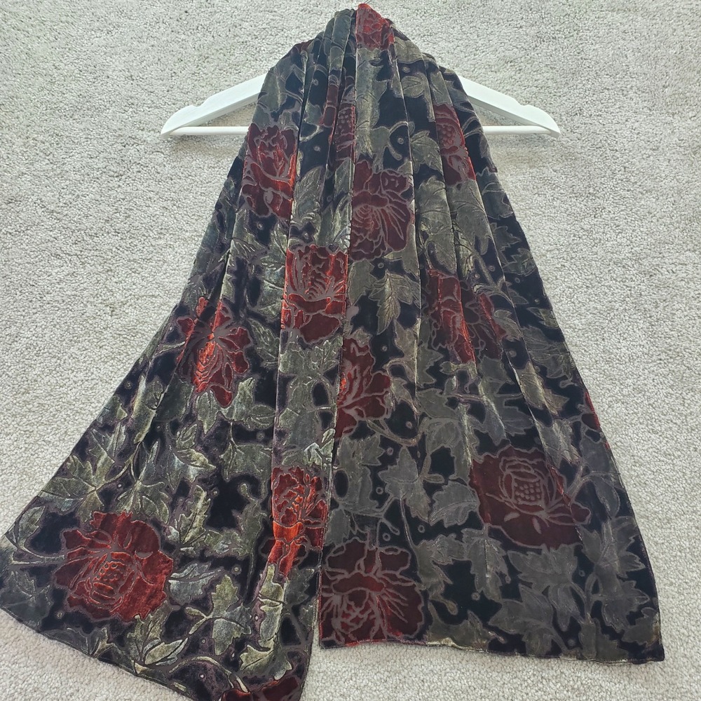 Chico's Floral Burnout Velvet Scarf Womens OS Red Black Silk Blend Classicβ